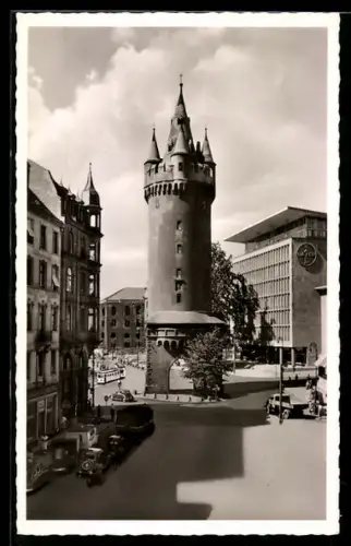 AK Frankfurt a. M., Eschenheimer Turm mit Bayer-Haus