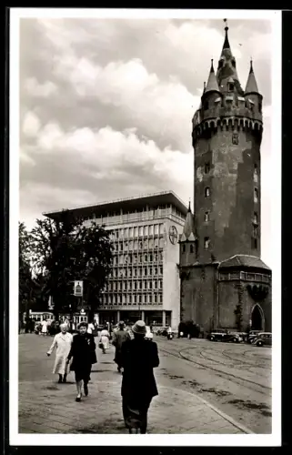 AK Frankfurt a. M., Eschenheimer Turm mit Bayer-Haus