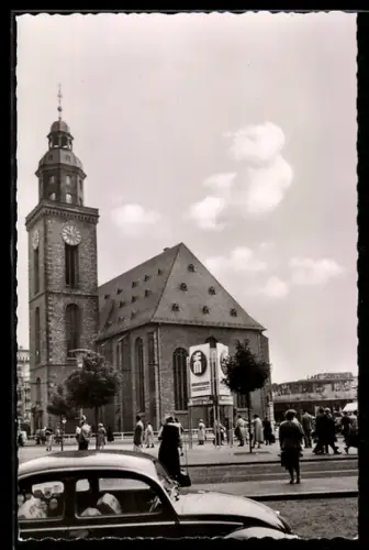 AK Frankfurt a. M., Katharinenkirche, Schild Internationale Frankfurter Messe