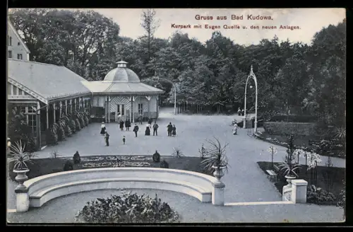 AK Bad Kudowa, Kurpark mit Eugen-Quelle und den neuen Anlagen