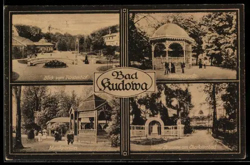 AK Bad Kudowa, Blick vom Fürstenhof auf Kuranlagen, Musikpavillon, Gottholdquelle