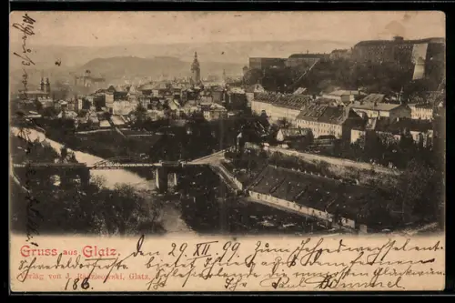 AK Glatz, Gesamtansicht mit Brücke aus der Vogelschau