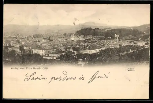 AK Cilli, Totalansicht mit Gebirge aus der Vogelschau