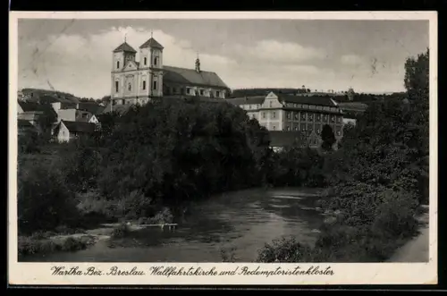 AK Wartha /Breslau, Wallfahrtskirche und Redemptoristenkloster, Flusspartie