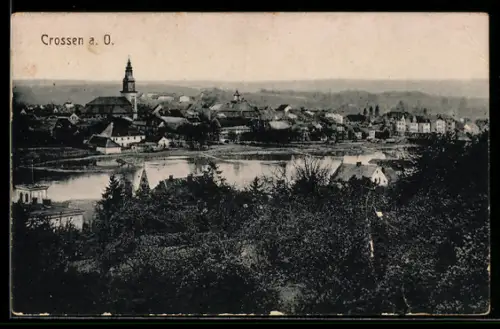 AK Crossen a. O., Gesamtansicht mit Oder aus der Vogelschau