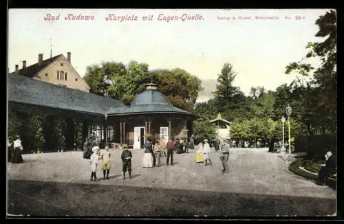 AK Bad Kudowa, Kurplatz mit Eugen-Quelle, Panorama