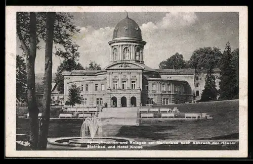 AK Bad Landeck, Marienbad mit Springbrunnen, nach Abbruch der Häuser Steinbad und Hotel Krone