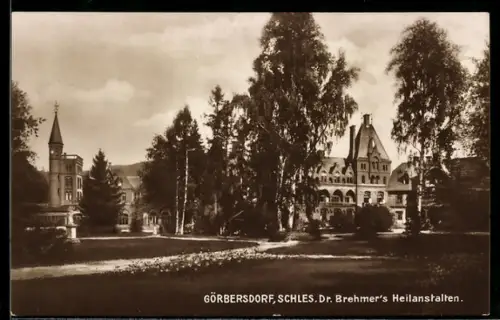AK Görbersdorf i. Schles., Dr. Brehmers Heilanstalten, mit Parkanlage u. Turmgebäude