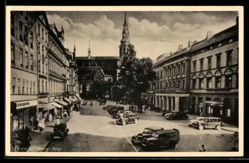 AK Liegnitz, Grosser Ring aus der Vogelschau, mit Autos u. Geschäften