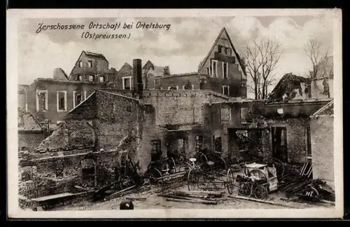 AK Ortelsburg, zerschossene Ortschaft bei Ortelsburg