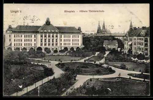 AK Liegnitz, Bilseplatz, Höhere Töchterschule u. Stadtpanorama