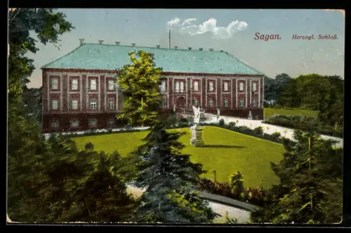 AK Sagan, Herzogl. Schloss aus der Vogelschau