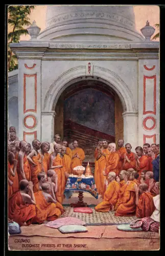 Künstler-AK Raphael Tuck & Sons Oilette, Colombo, Buddhist Priests at their Shrine