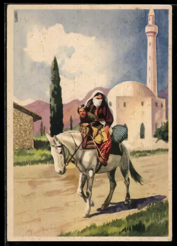 Künstler-AK Tirana, Strassenpartie und Reiterin mit Kind