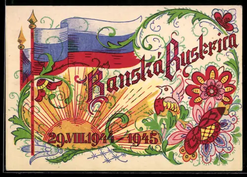 Künstler-AK Banská Bystrica, Vogel und Blume bei Sonnenschein, Fahne