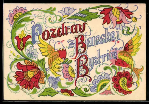 Künstler-AK Banská Bystrica, Vögel und Blumen