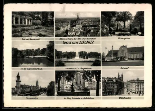 AK Liegnitz, Bahnhof, Piastenschloss, Palmengarten