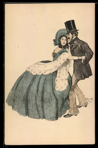 Künstler-AK Simplicissimus: Herr mit Zylinder hält die junge Frau im Arm