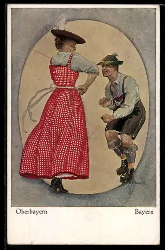 Künstler-AK Volkstanz, Oberbayern, Mann und Frau in Trachten