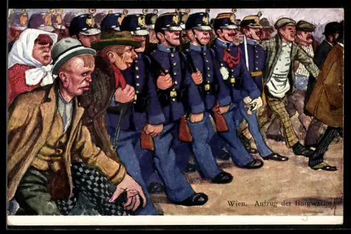 Künstler-AK Carl Josef: Wien, Aufzug der Burgwache, Passanten laufen neben den marschierenden Soldaten her