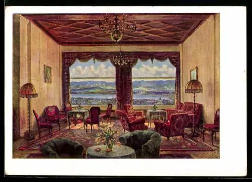 Künstler-AK Zürich, Hotel Waldhaus Dolder, Ausblick von der Hotelhalle