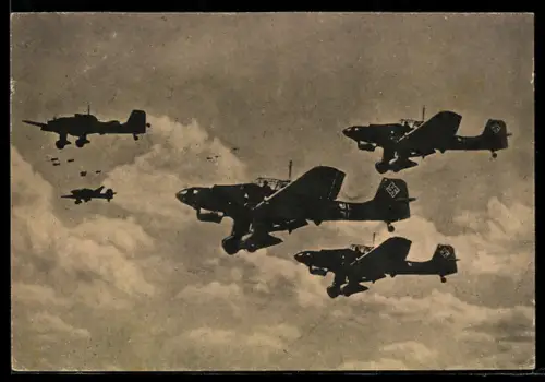 AK Der Adler - Stukas Ju 87 beim Angriffsflug gegen feindl. Stützpunkte, Propaganda, 2. Weltkrieg, Heinkel He 111