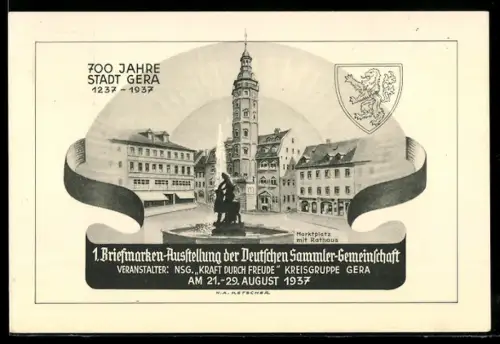 AK Gera, 1. Briefmarken-Ausstellung der Deutschen Sammler-Gemeinschaft 1937, 700 Jahre Stadt Gera