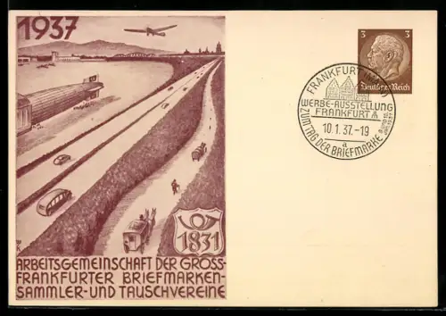 AK Frankfurt, Briefmarken-Sammler & Tauschvereine 1937, Postkutsche, Flugzeug, Luftschiff Zeppelin