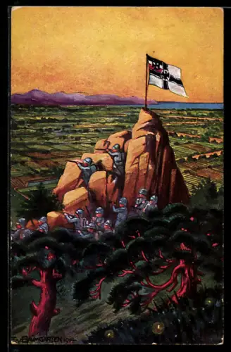 Künstler-AK Tsingtau, Deutsche Soldaten auf Beobachtungsposten auf einem Felsen