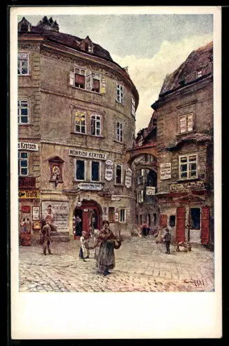 Künstler-AK Emil Czech: Wien, Griechengasse mit Weinhandlung von Heinrich Kertesz, Frau mit Korb