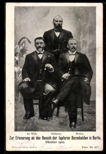 AK Berlin, Zur Erinnerung an dern Besuch der tapferen Burenhelden 1902, de Wet, Delarey, Botha