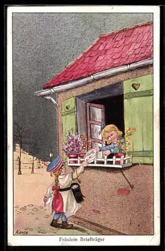 Künstler-AK Fräulein Briefträger stellt Feldpost zu