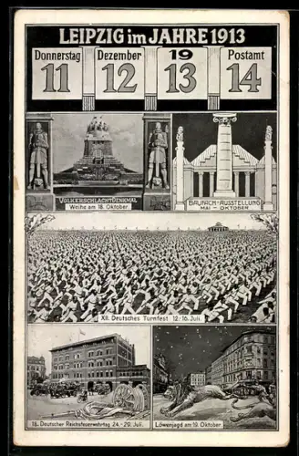 AK Leipzig, Datum 11.12.1913, Völkerschlachtdenkmal, XII. deutsches Turnfest, Löwenjagd