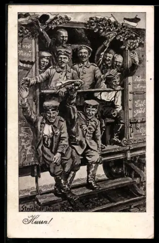 Künstler-AK sign. Strieffler: Soldaten in Uniform im Zug, Soldatenliebe