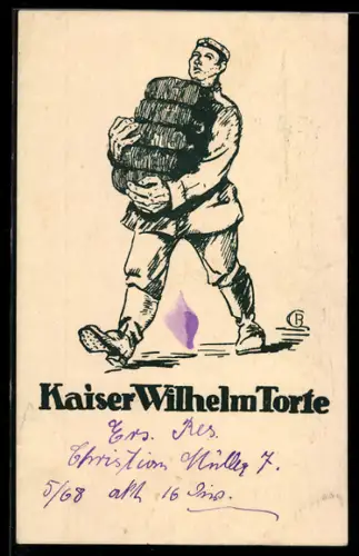 Künstler-AK Soldat schleppt Kaiser Wilhelm Torte