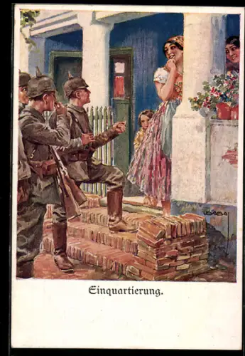 Künstler-AK Luis Usabal: Einquartierung, Deutsche Soldaten ersuchen um Quartier