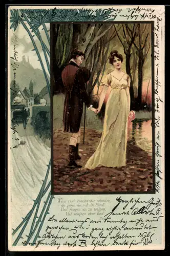 AK Liebespaar an einem Fluss, Kutsche vor einem Ort