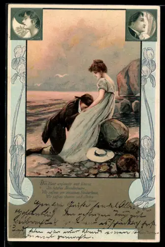 AK Mann legt seinen Kopf auf die Hände seiner Geliebten, Liebespaar