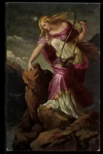 Künstler-AK Loreley blickt auf den nächtlichen Rhein herab