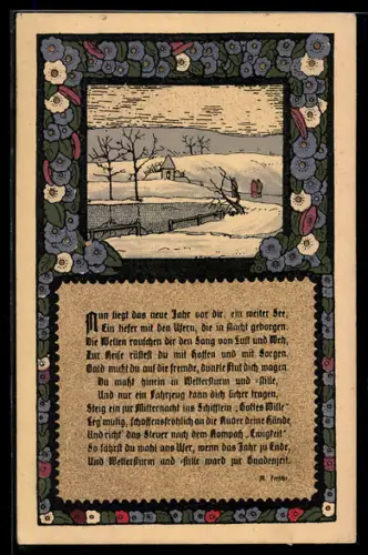 Steindruck-AK Gedicht von M. Feesche, winterliches Motiv