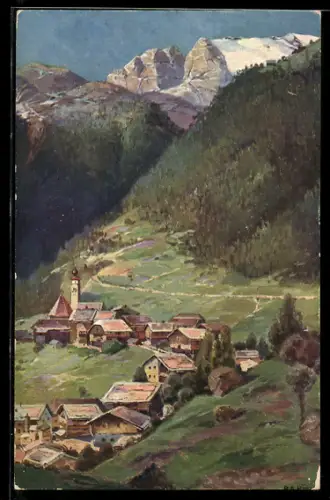 Künstler-AK Andraz in Buchenstein in den Dolomiten, Ortsansicht im Tal