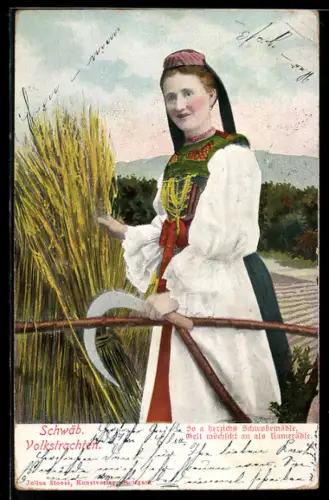 AK Frau mit Sichel in schwäbischer Tracht