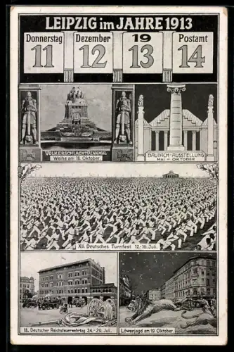 AK Leipzig, Datum 11.12.1913, Völkerschlachtdenkmal, XII. deutsches Turnfest, Löwenjagd