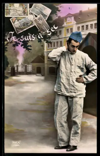 AK Je suis à sec, Soldat ist pleite und ratlos, Geldscheine