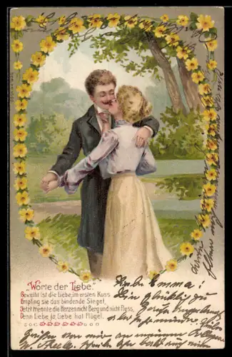 Präge-AK Liebespaar küsst sich im Park