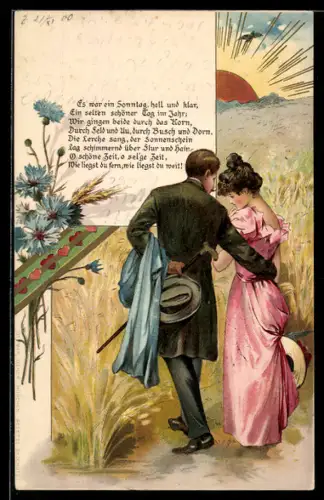 AK Liebespaar an einem Feld mit Kornblumen