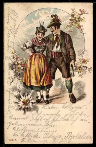 AK Liebespaar in Trachtenkleidung, Edelweiss