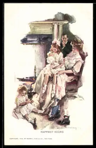 AK Liebespaar und zwei Mädchen mit Puppe