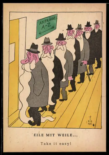 AK Ältere Herren in einer Warteschlange, Scherz