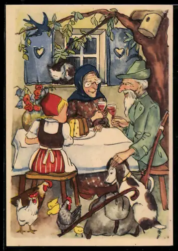 AK Rotkäppchen bei Grossmutter im Garten, Märchen